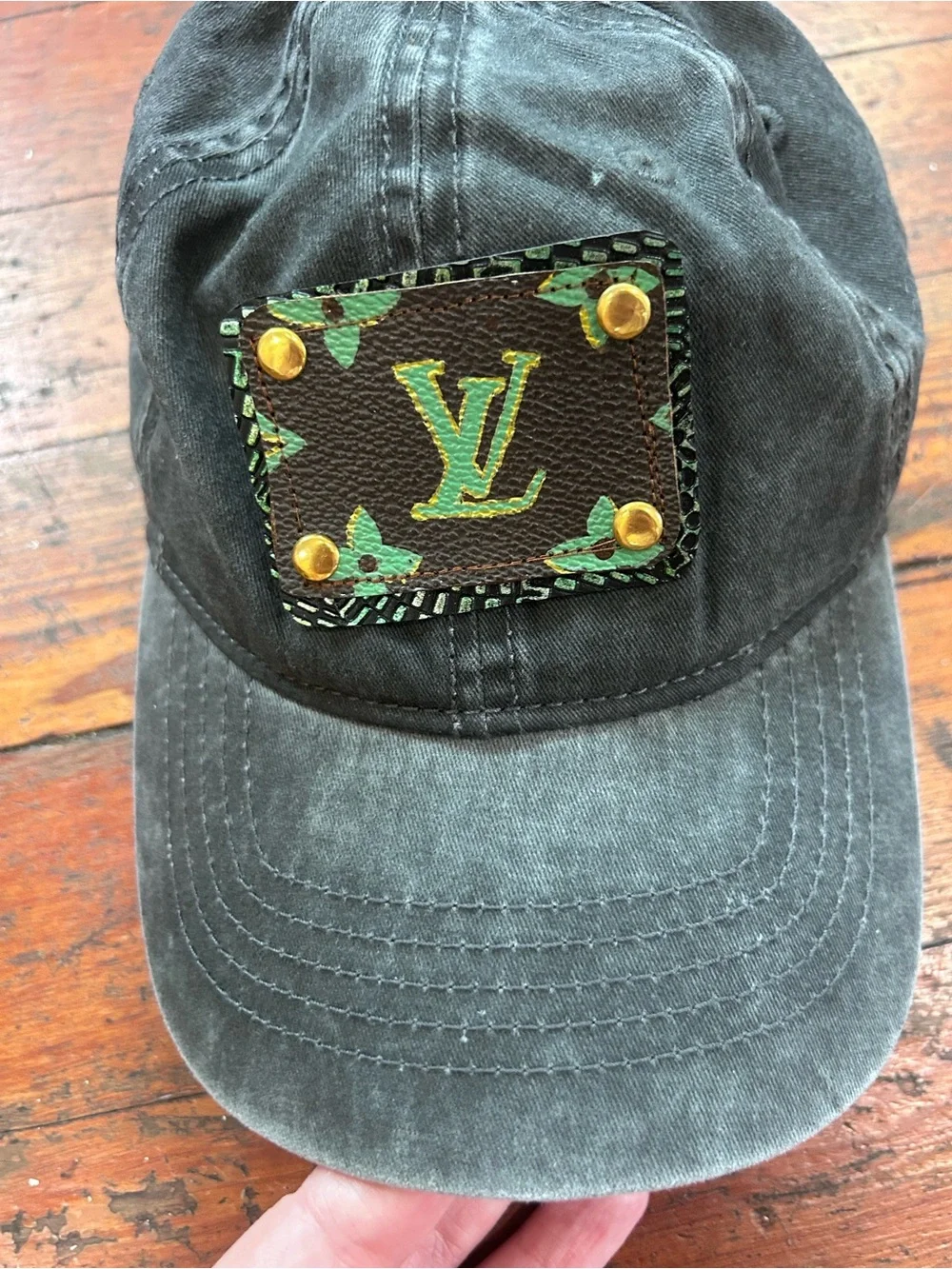 Upcycled distressed Louis Vuitton Black Baseball Cap with Green Monogram Patch